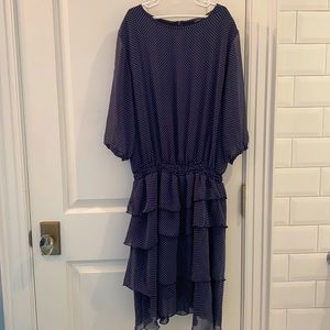 Ruffle blue and white polka dot dress. Knee length and elbow length